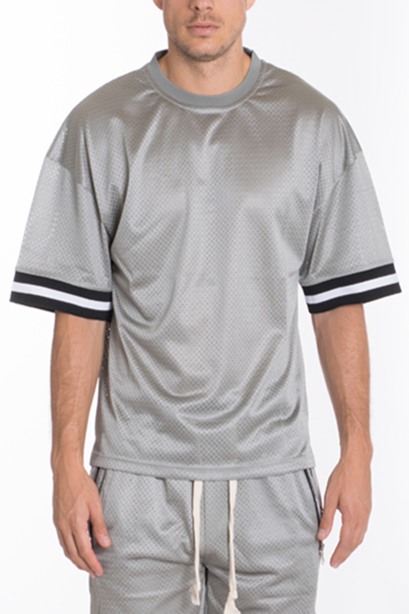 A stylish Mesh Jersey T-shirt featuring sleeve tape design, made from 65% cotton and 35% polyester, perfect for athletic wear.