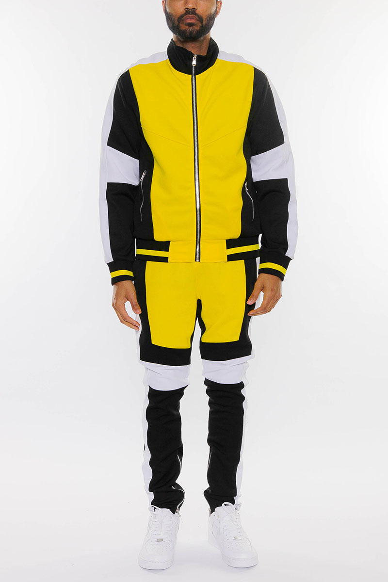 Moto Color Block Track Set featuring a full zip jacket and ankle zipper track pants in vibrant colors.