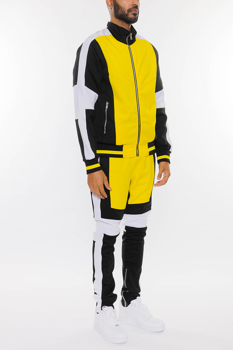 Moto Color Block Track Set featuring a full zip jacket and ankle zipper track pants in vibrant colors.