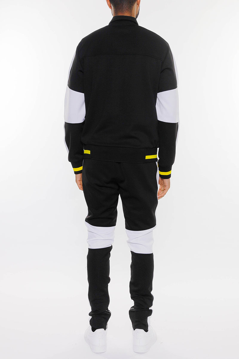 Moto Color Block Track Set featuring a full zip jacket and ankle zipper track pants in vibrant colors.