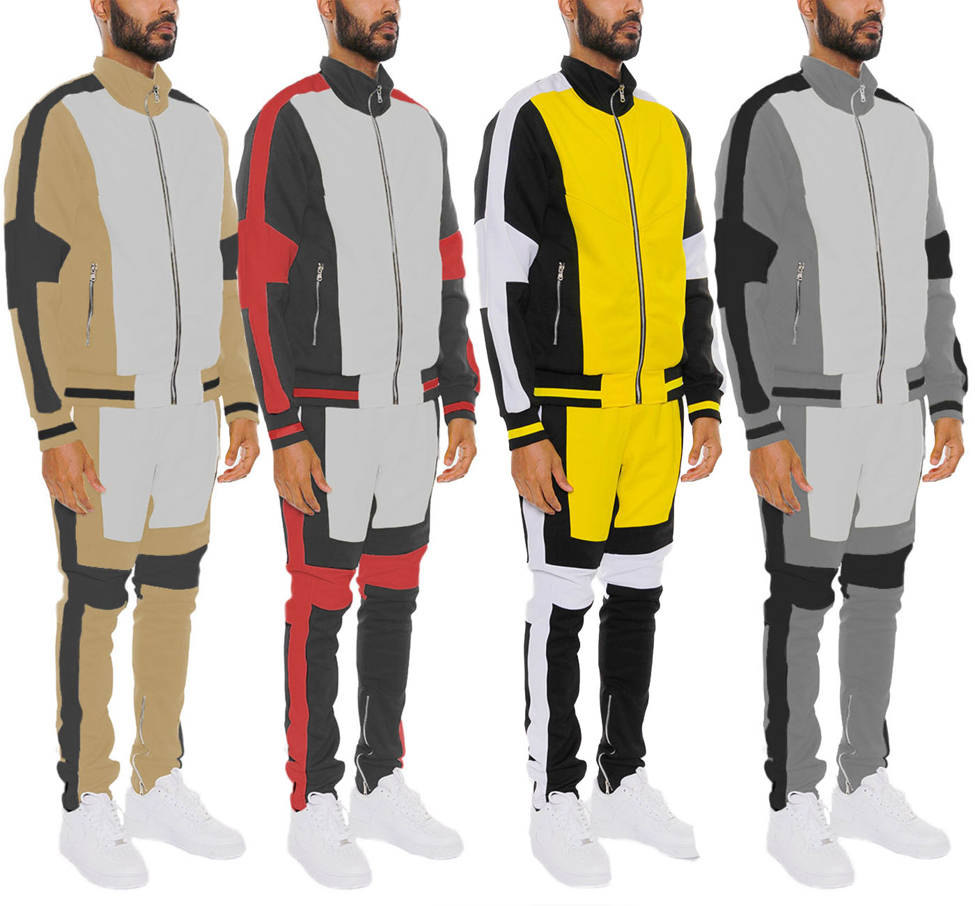 Moto Color Block Track Set featuring a full zip jacket and ankle zipper track pants in vibrant colors.