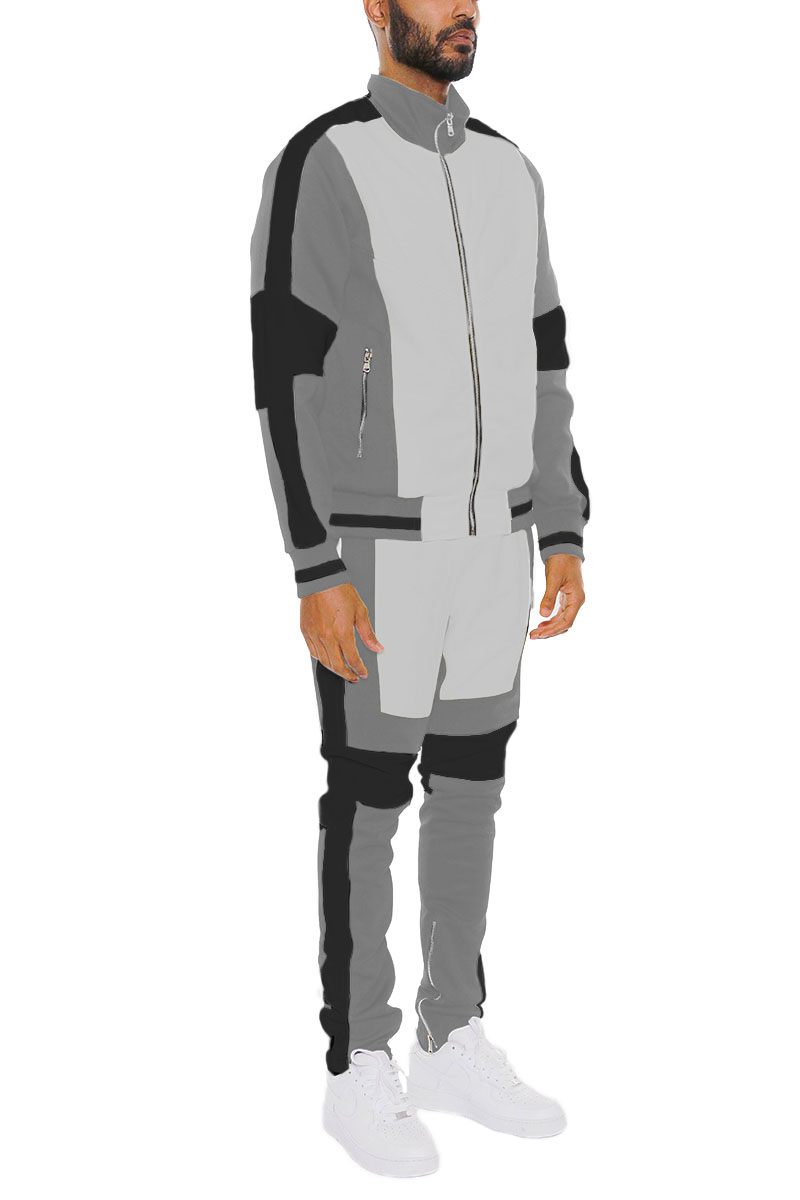 Moto Color Block Track Set featuring a full zip jacket and ankle zipper track pants in a stylish color block design.