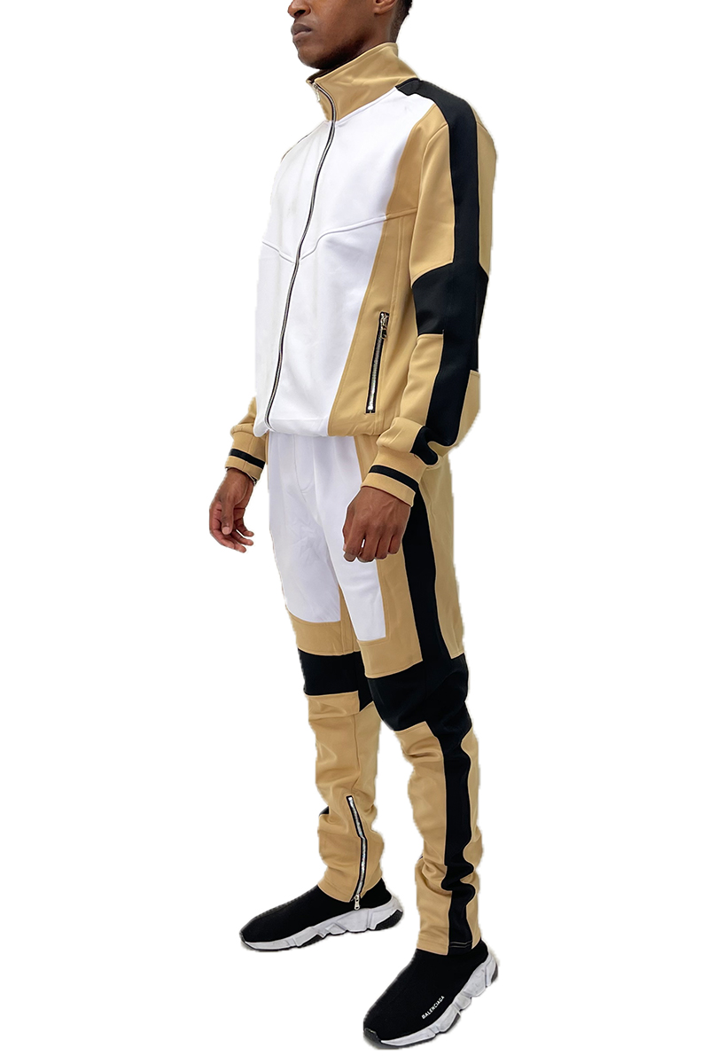 Moto Colorblock Track Suit featuring a full zip jacket and ankle zipper track pants in a stylish color block design.