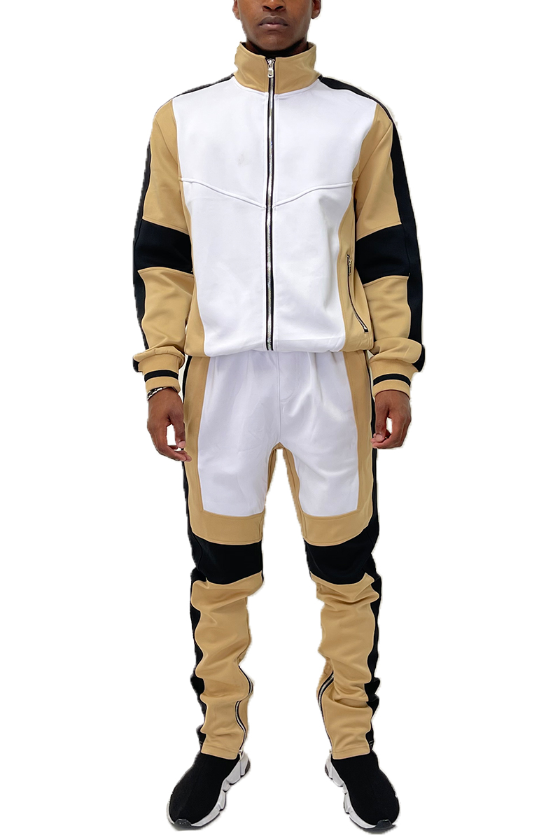 Moto Colorblock Track Suit featuring a full zip jacket and ankle zipper track pants in a stylish color block design.