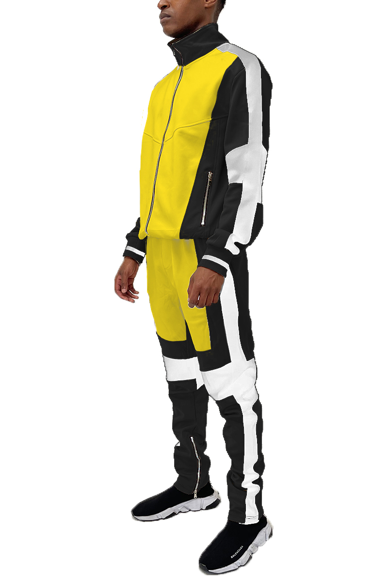 Moto Colorblock Tracksuit featuring a full zip jacket and ankle zipper track pants in a stylish color block design.