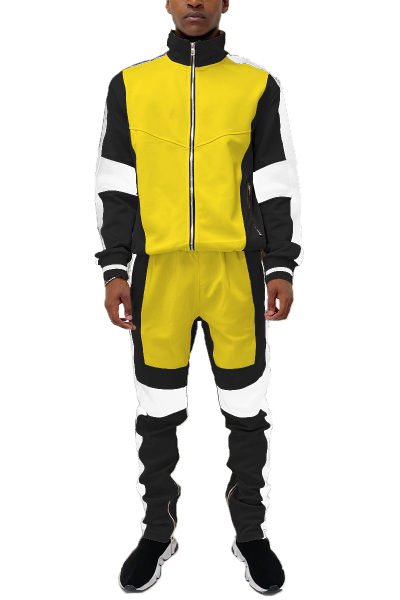 Moto Colorblock Tracksuit featuring a full zip jacket and ankle zipper track pants in a stylish color block design.