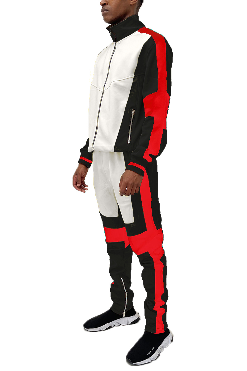 Moto Colorblock Tracksuit featuring a full zip jacket and ankle zipper track pants in a stylish color block design.