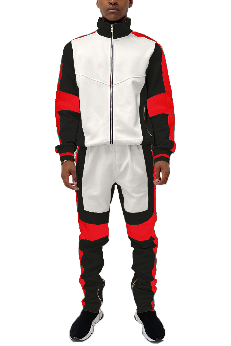 Moto Colorblock Tracksuit featuring a full zip jacket and ankle zipper track pants in a stylish color block design.