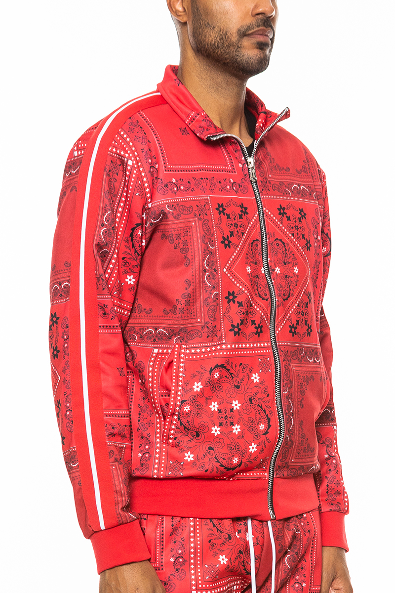 Paisley All Over Print Track Jacket featuring a vibrant design, full zip closure, and collar, perfect for casual and athletic wear.