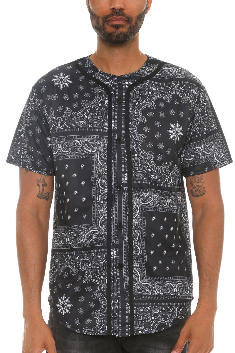 A stylish paisley print baseball jersey featuring a button closure and regular fit, made from 100% polyester.