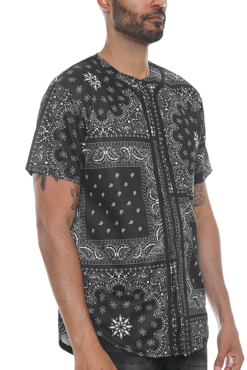 A stylish paisley print baseball jersey featuring a button closure and regular fit, made from 100% polyester.