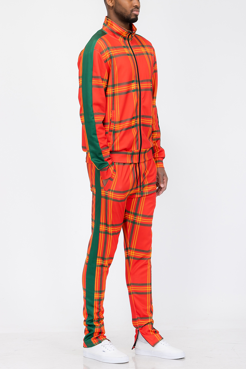 Plaid Track Jacket and Pant Set featuring a full zip jacket and elastic waist pants with ankle zippers, perfect for casual wear.