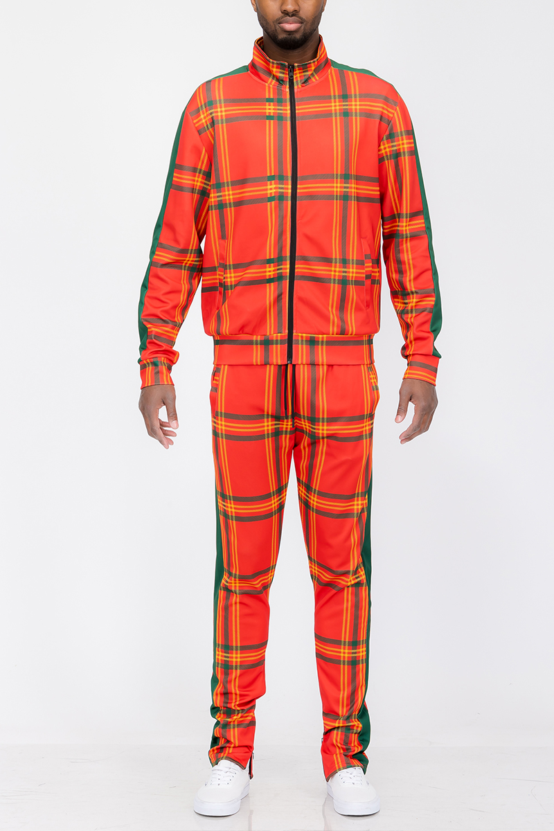 Plaid Track Jacket and Pant Set featuring a full zip jacket and elastic waist pants with ankle zippers, perfect for casual wear.