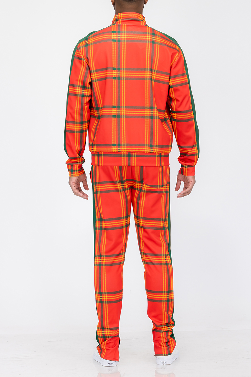 Plaid Track Jacket and Pant Set featuring a full zip jacket and elastic waist pants with ankle zippers, perfect for casual wear.