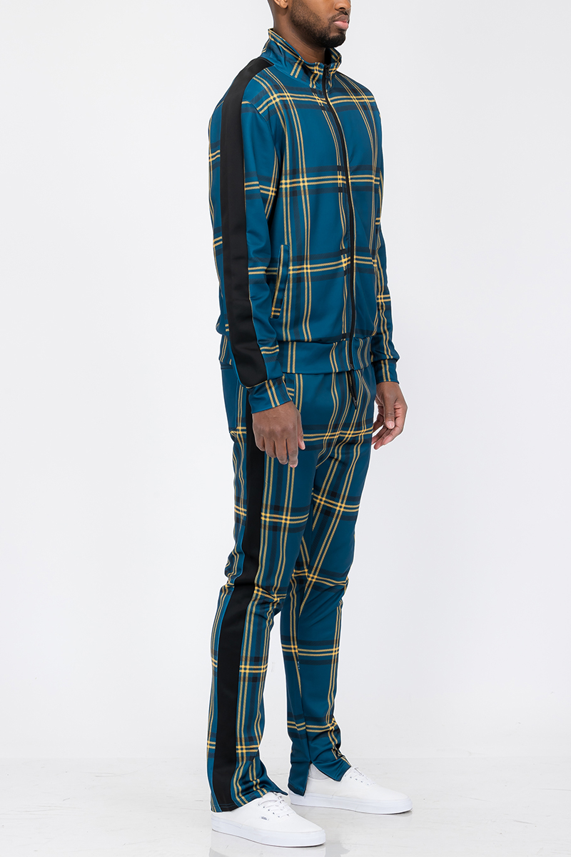 Plaid Track Jacket and Pant Set displayed on a mannequin, featuring a full zip jacket and elastic waist pants with ankle zippers.