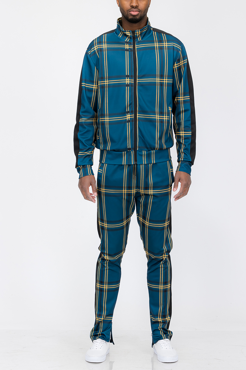 Plaid Track Jacket and Pant Set displayed on a mannequin, featuring a full zip jacket and elastic waist pants with ankle zippers.