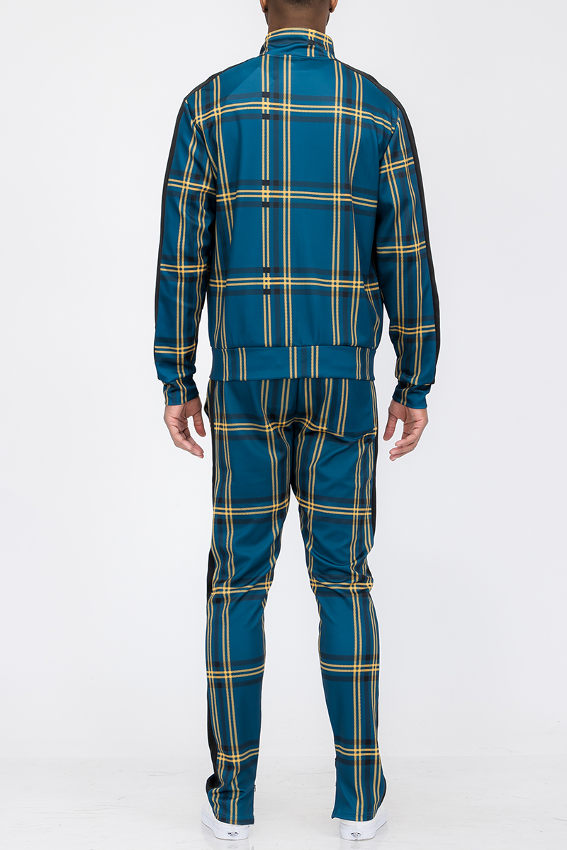 Plaid Track Jacket and Pant Set displayed on a mannequin, featuring a full zip jacket and elastic waist pants with ankle zippers.