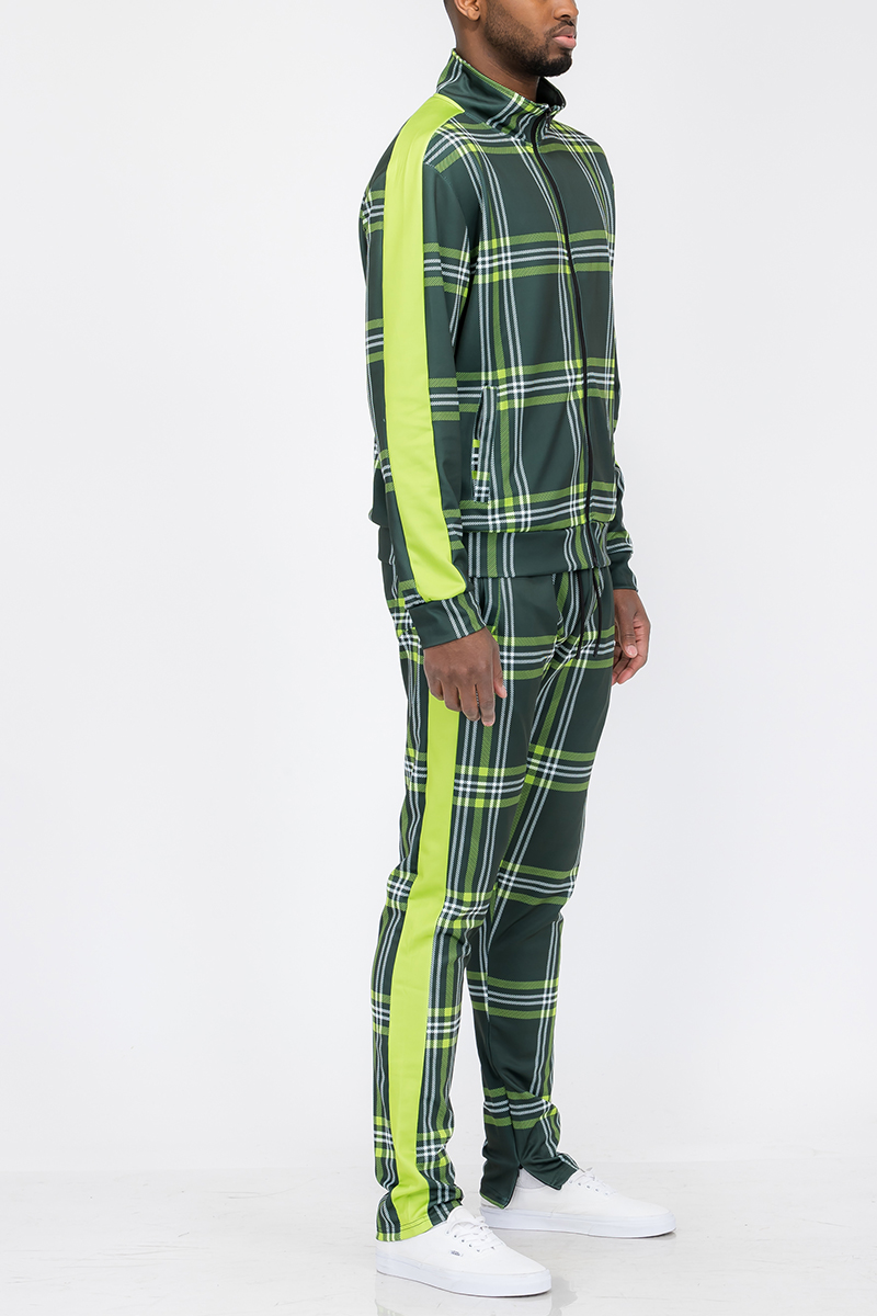 Plaid Track Jacket and Pant Set displayed on a mannequin, featuring a full zip jacket and elastic waist pants with ankle zippers.