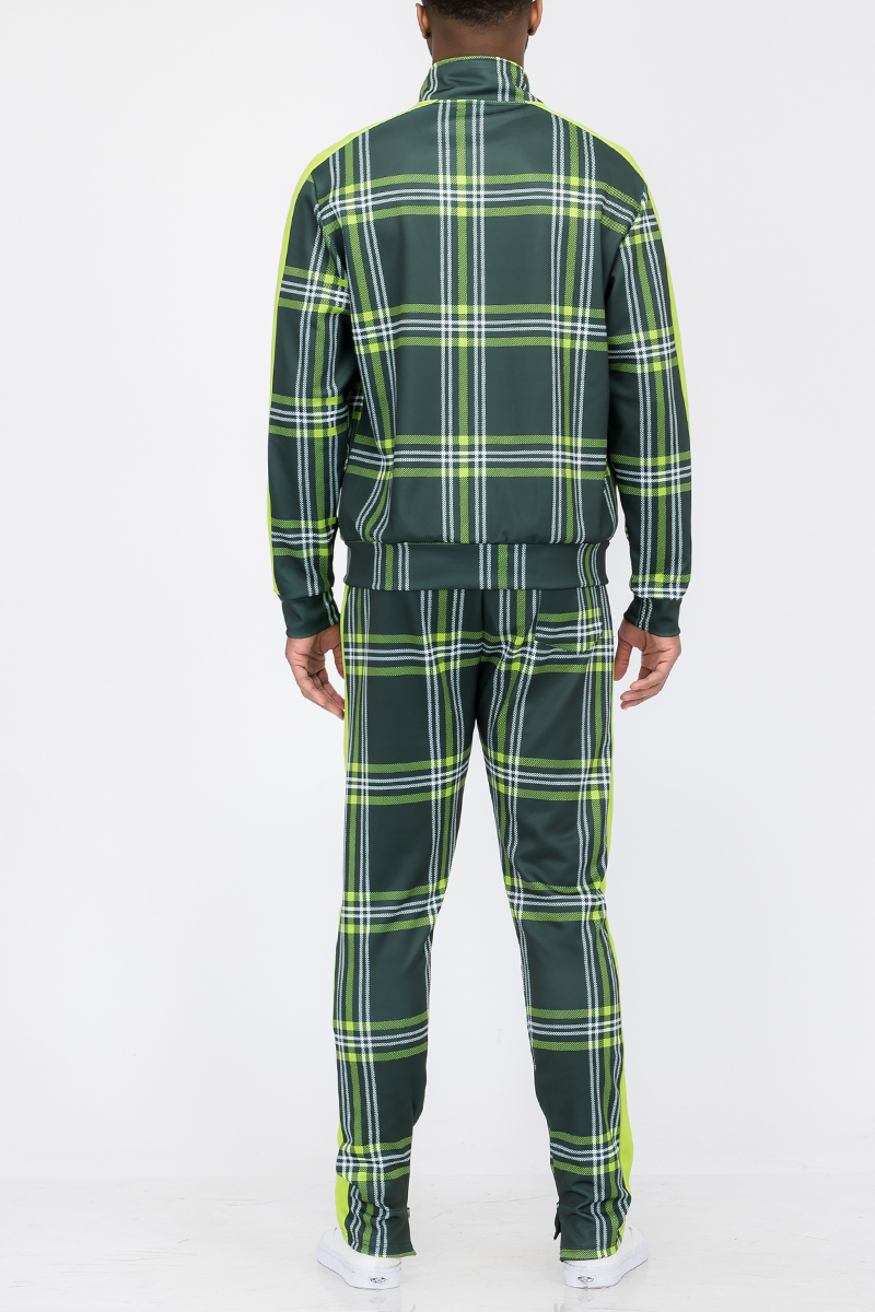 Plaid Track Jacket and Pant Set displayed on a mannequin, featuring a full zip jacket and elastic waist pants with ankle zippers.