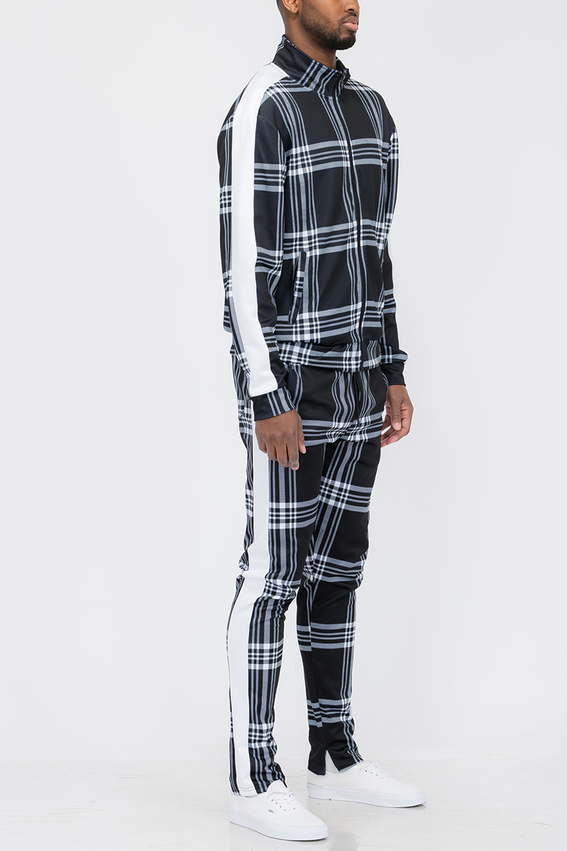 Plaid Track Jacket and Pant Set featuring a full zip jacket and ankle zippered pants, styled on a model.