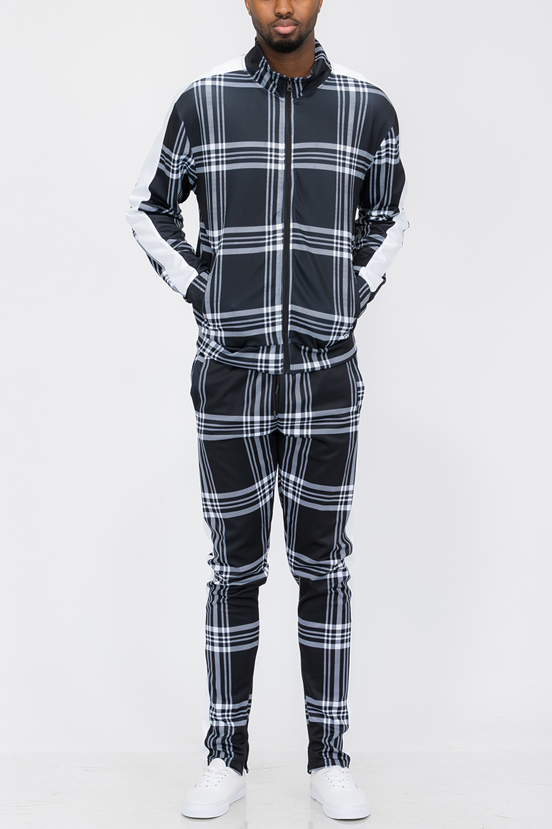 Plaid Track Jacket and Pant Set featuring a full zip jacket and ankle zippered pants, styled on a model.