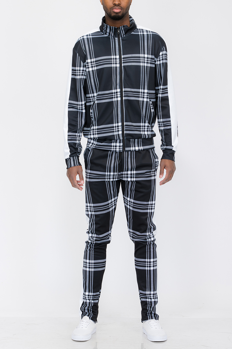 Plaid Track Jacket and Pant Set featuring a full zip jacket and ankle zippered pants, styled on a model.