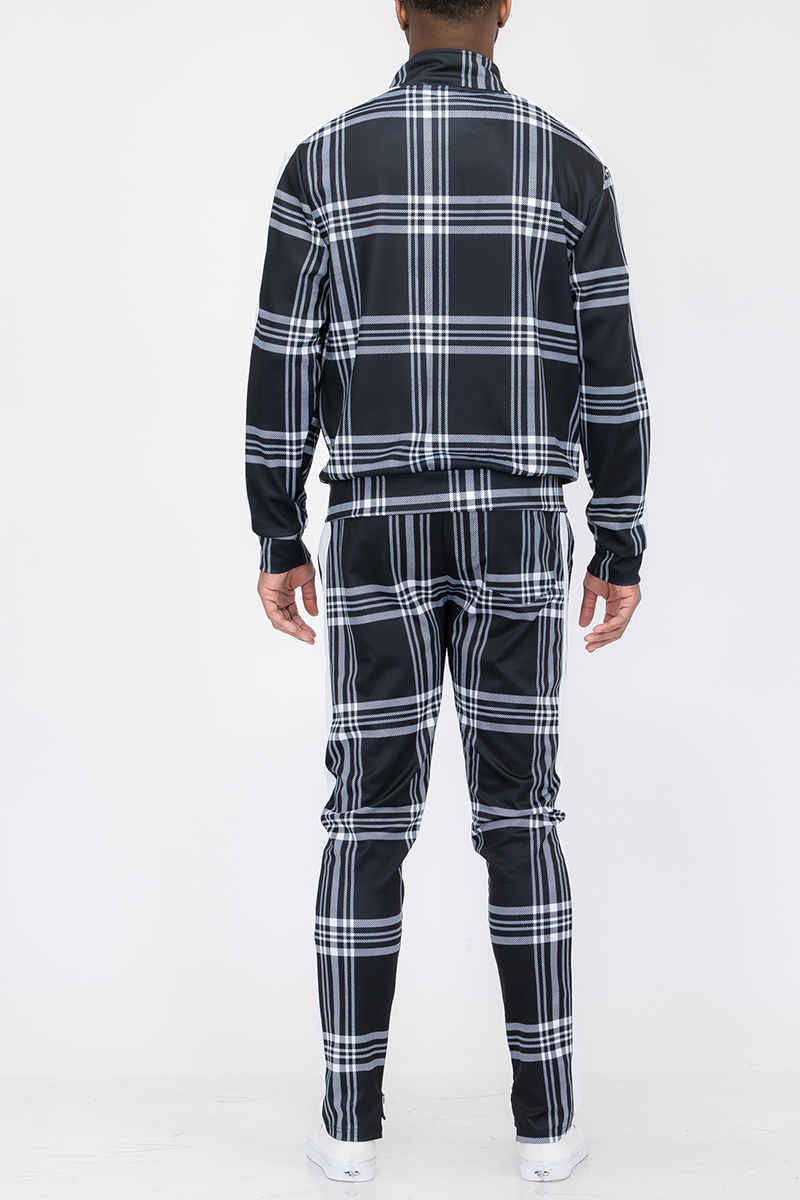 Plaid Track Jacket and Pant Set featuring a full zip jacket and ankle zippered pants, styled on a model.