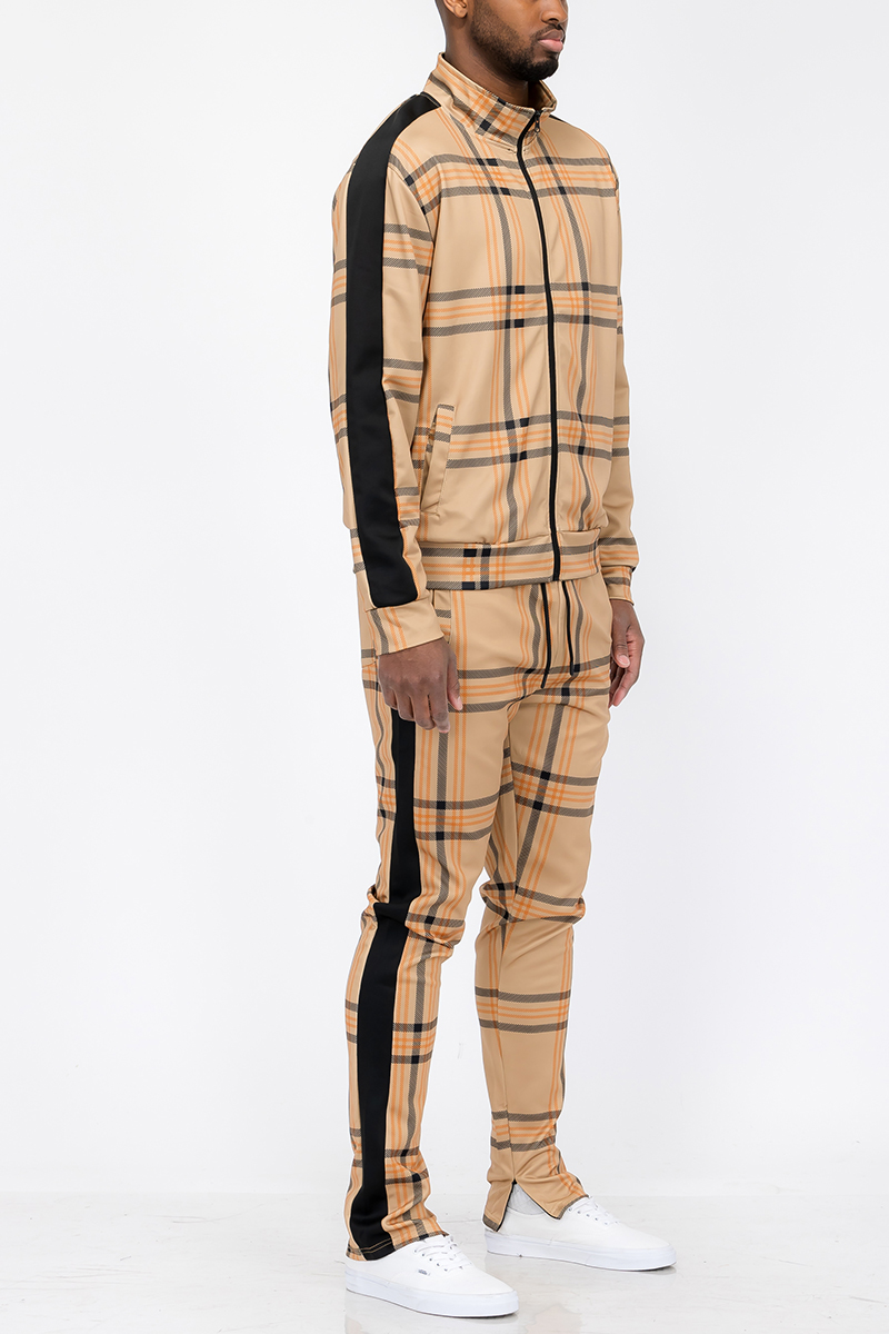 Plaid Track Jacket and Pant Set displayed on a mannequin, featuring a full zip jacket and elastic waist pants with ankle zippers.