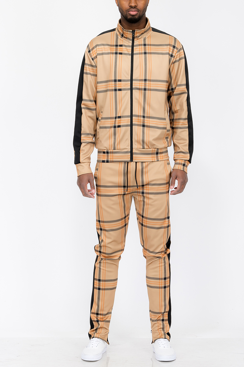 Plaid Track Jacket and Pant Set displayed on a mannequin, featuring a full zip jacket and elastic waist pants with ankle zippers.