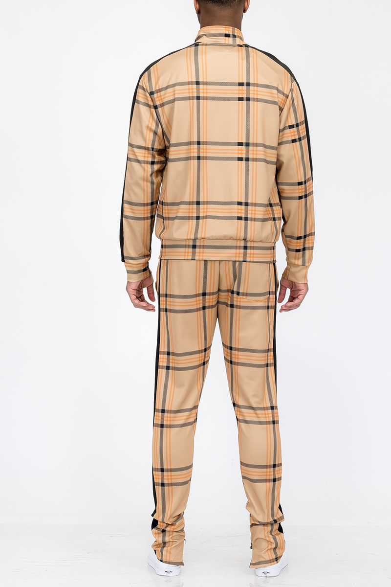 Plaid Track Jacket and Pant Set displayed on a mannequin, featuring a full zip jacket and elastic waist pants with ankle zippers.