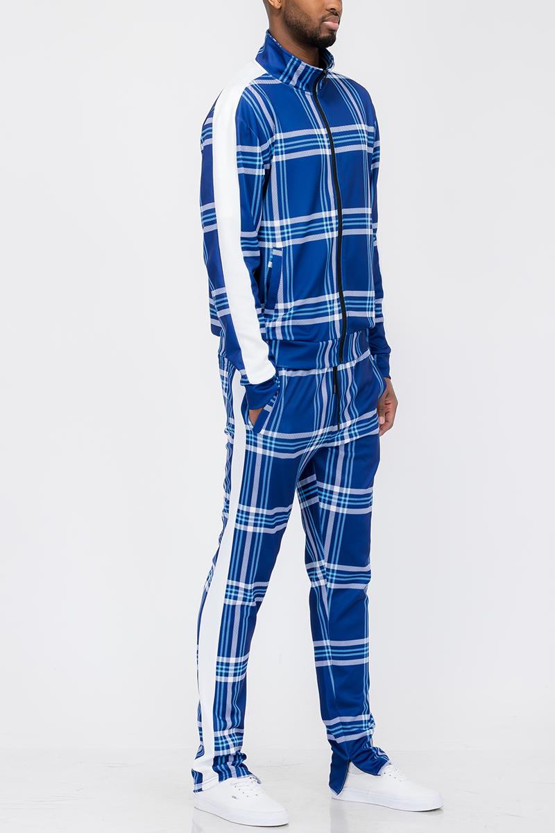 Plaid Track Jacket and Pant Set displayed on a mannequin, featuring a full zip jacket and elastic waist pants with ankle zippers.