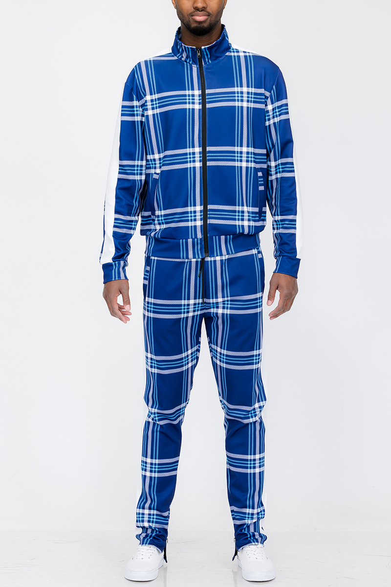 Plaid Track Jacket and Pant Set displayed on a mannequin, featuring a full zip jacket and elastic waist pants with ankle zippers.