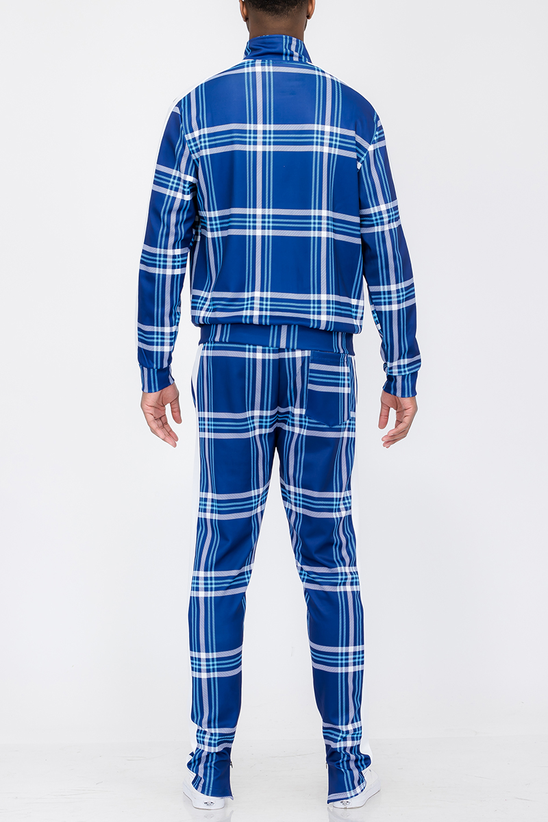 Plaid Track Jacket and Pant Set displayed on a mannequin, featuring a full zip jacket and elastic waist pants with ankle zippers.