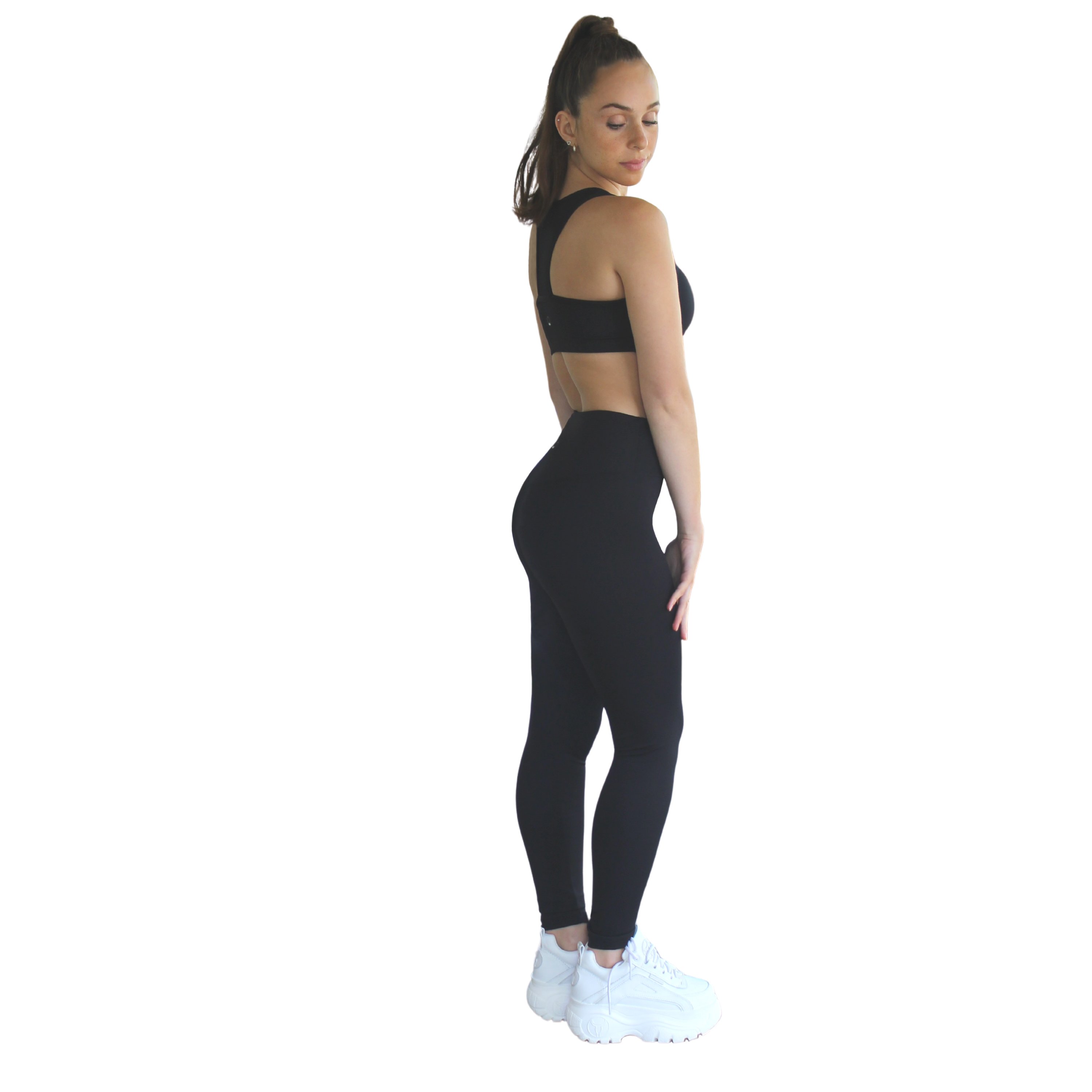 A pair of black Prema Seamless High Rise Yoga Leggings featuring a seamless design and flat waistband, ideal for workouts.