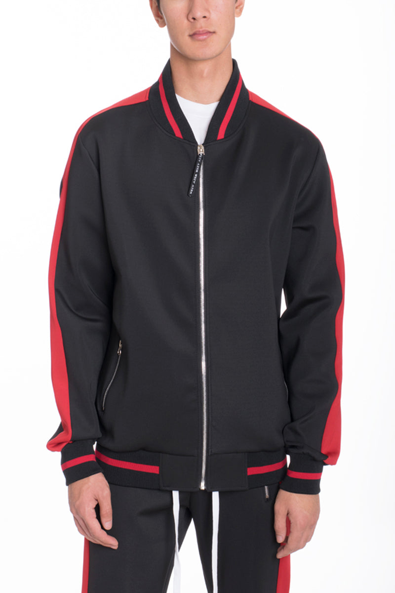 Rally Track Jacket featuring a full zip, ribbed collar, and stylish side stripe design, made from a durable polyester and spandex blend.