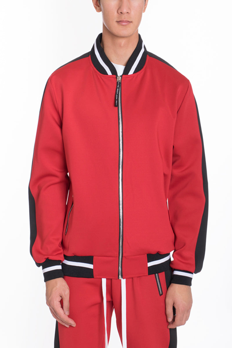 Rally Track Jacket featuring a full zip, ribbed collar, and stylish side stripe design, made from a durable polyester and spandex blend.