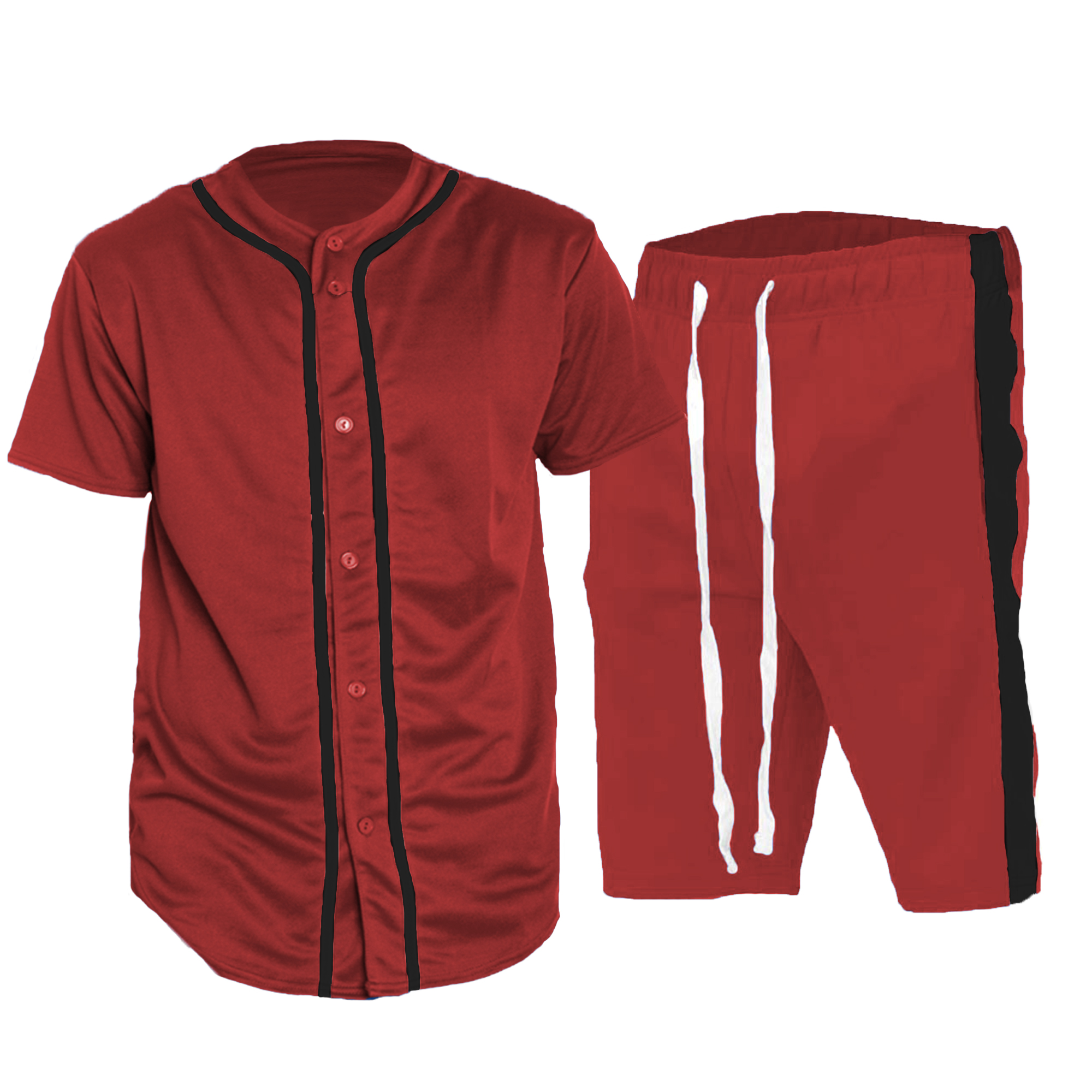 Red and black baseball jersey short set featuring button-down closure and elastic waist shorts with pockets.