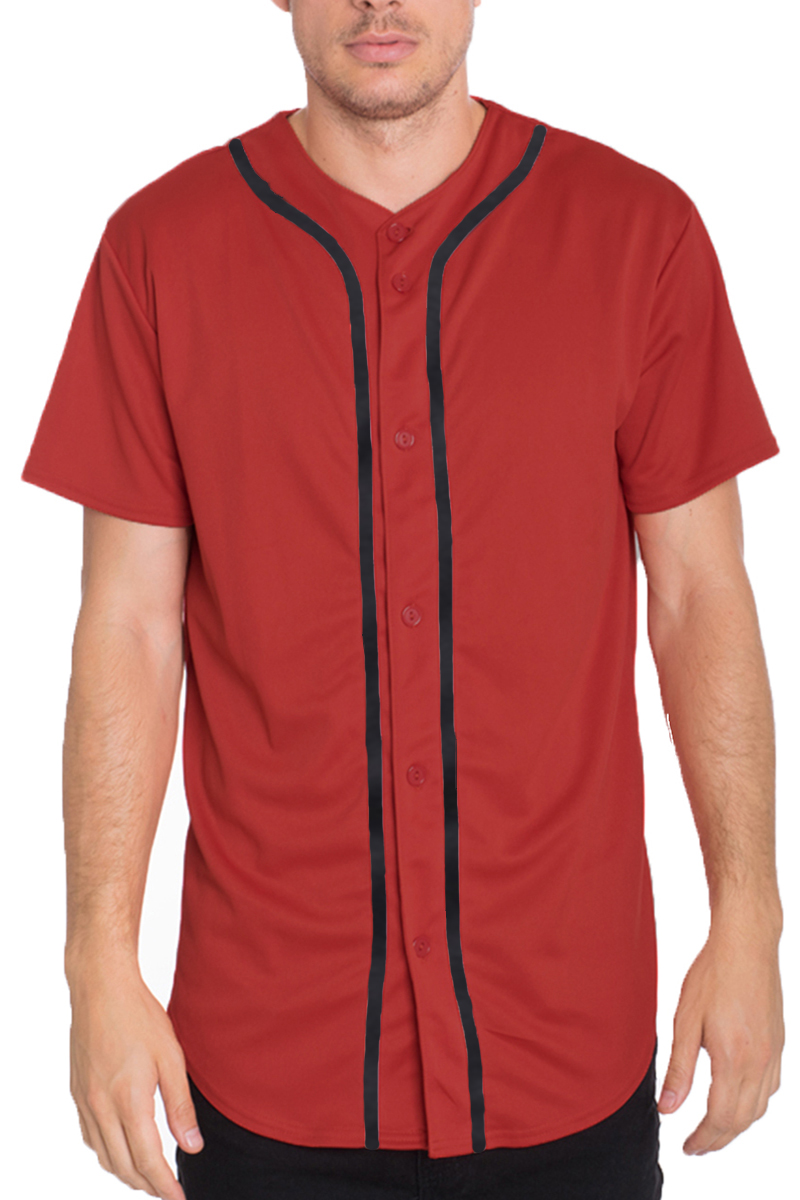 Red and black baseball jersey short set featuring button-down closure and elastic waist shorts with pockets.