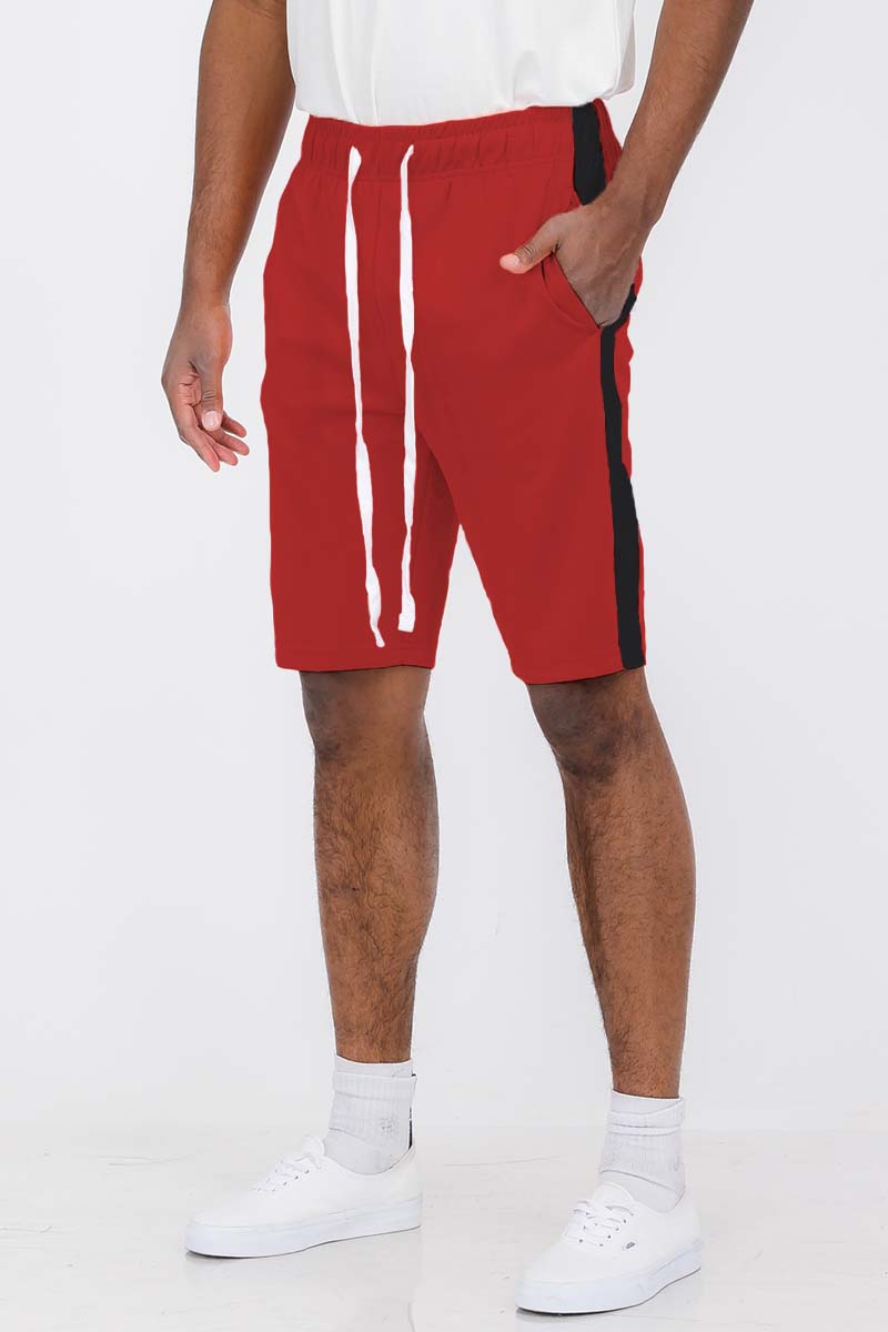 Red and black baseball jersey short set featuring button-down closure and elastic waist shorts with pockets.