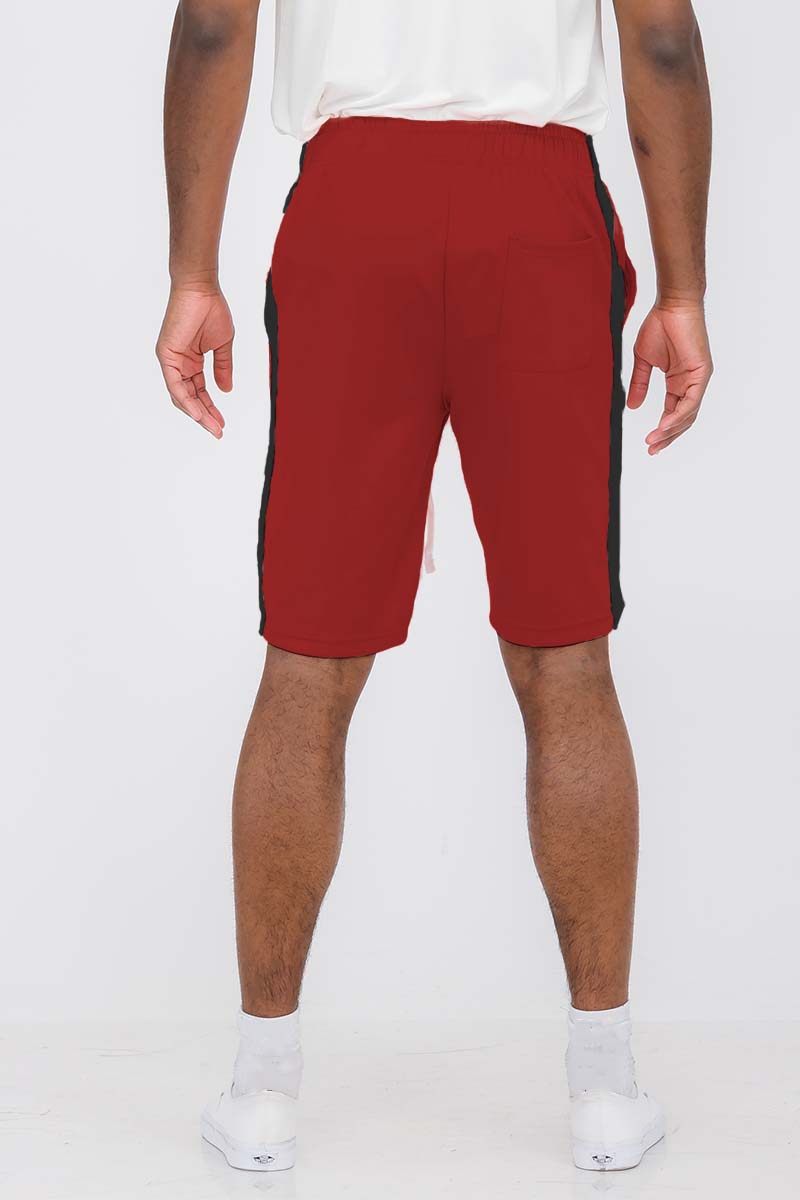 Red and black baseball jersey short set featuring button-down closure and elastic waist shorts with pockets.