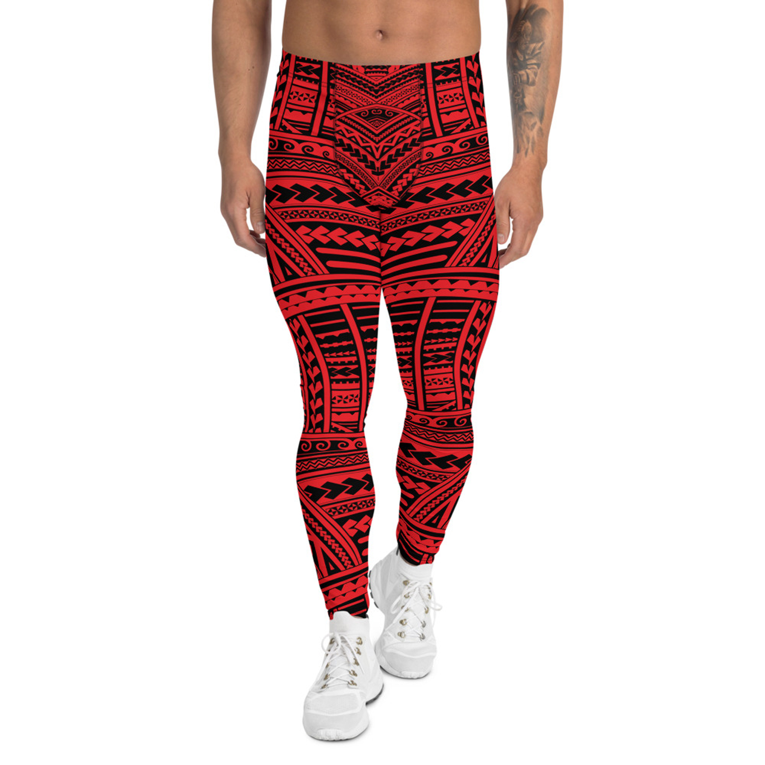 Men's Red Maori Tattoo Leggings showcasing a vibrant tattoo design, made from high-performance fabric for comfort and flexibility.