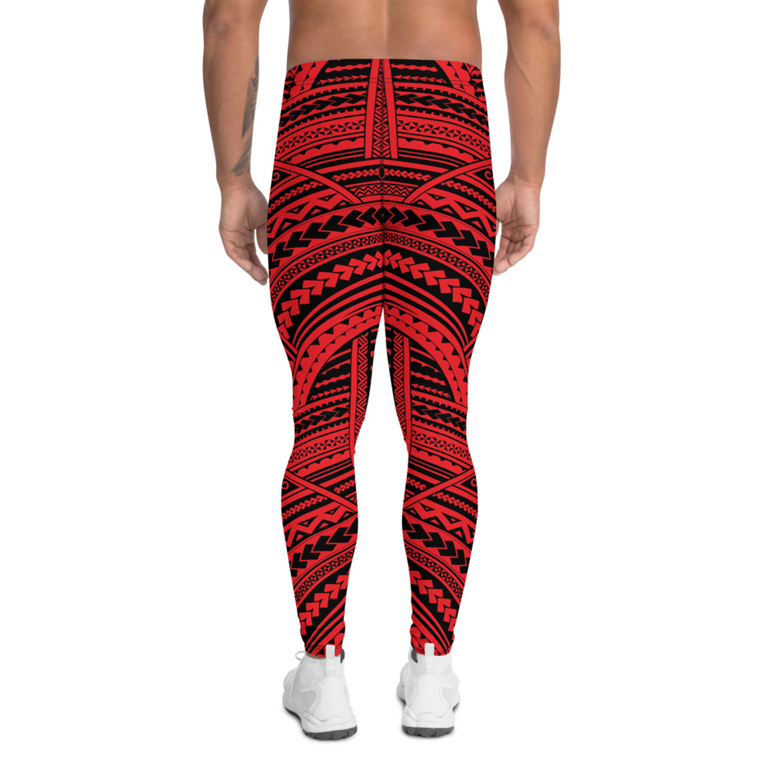 Men's Red Maori Tattoo Leggings showcasing a vibrant tattoo design, made from high-performance fabric for comfort and flexibility.