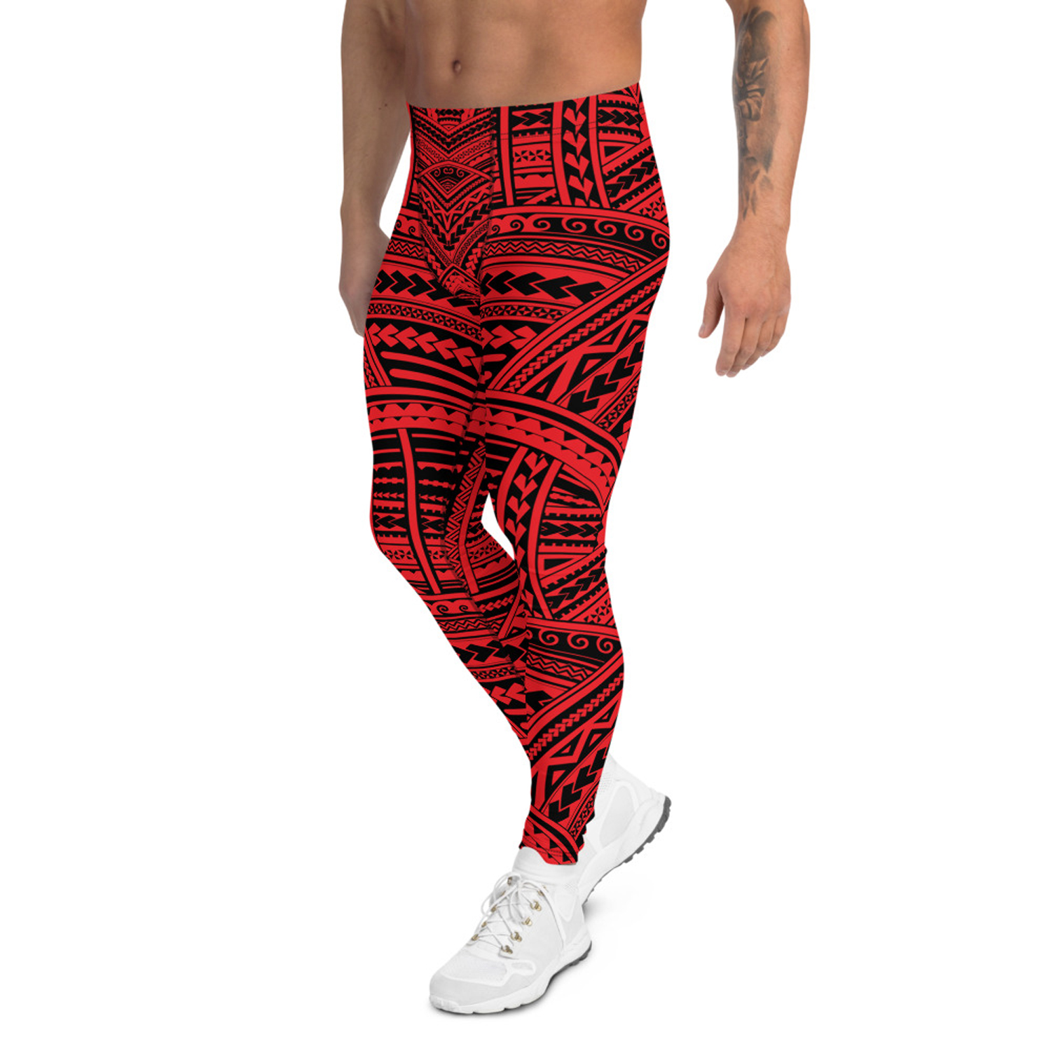 Men's Red Maori Tattoo Leggings showcasing a vibrant tattoo design, made from high-performance fabric for comfort and flexibility.