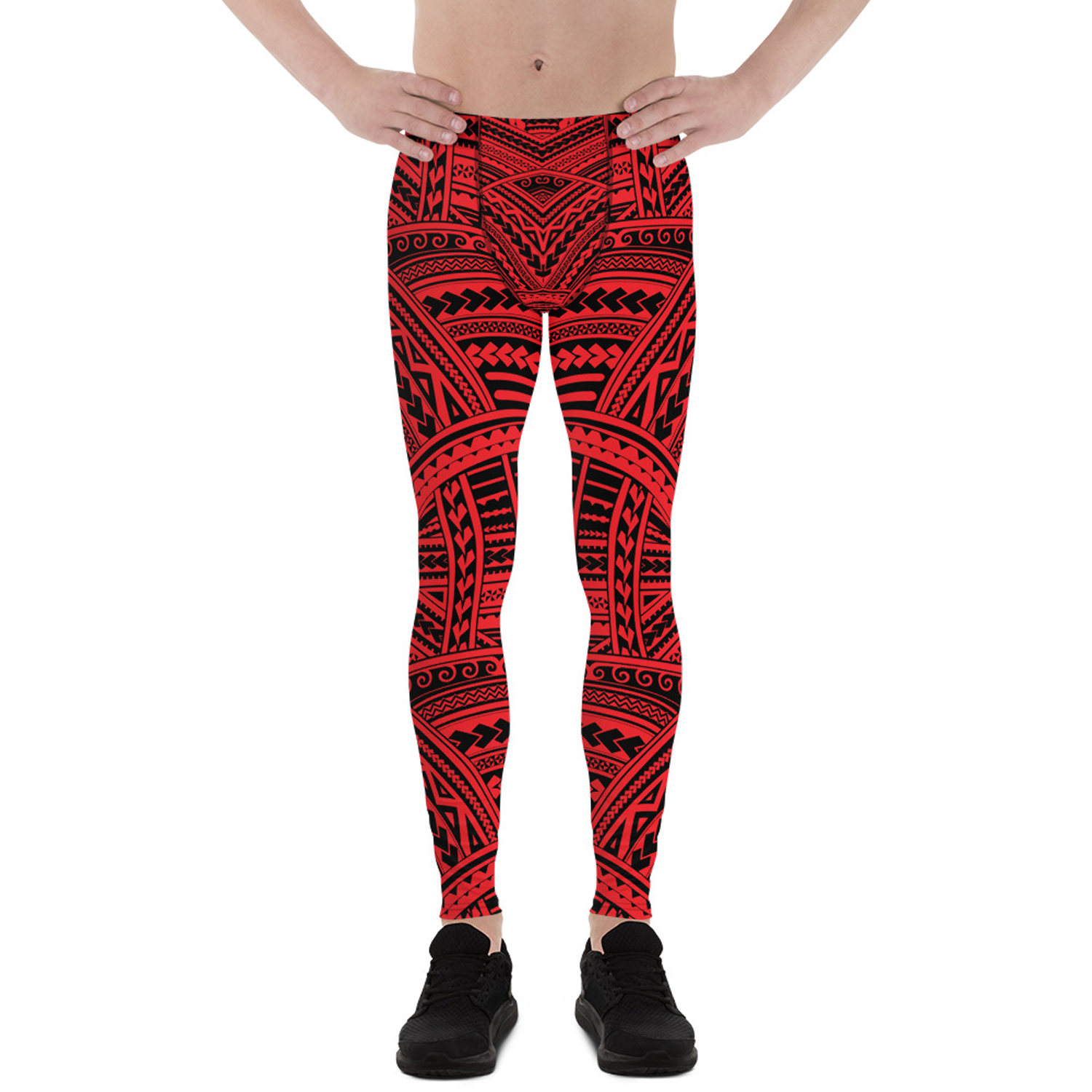 Men's Red Maori Tattoo Leggings showcasing a vibrant tattoo design, made from high-performance fabric for comfort and flexibility.