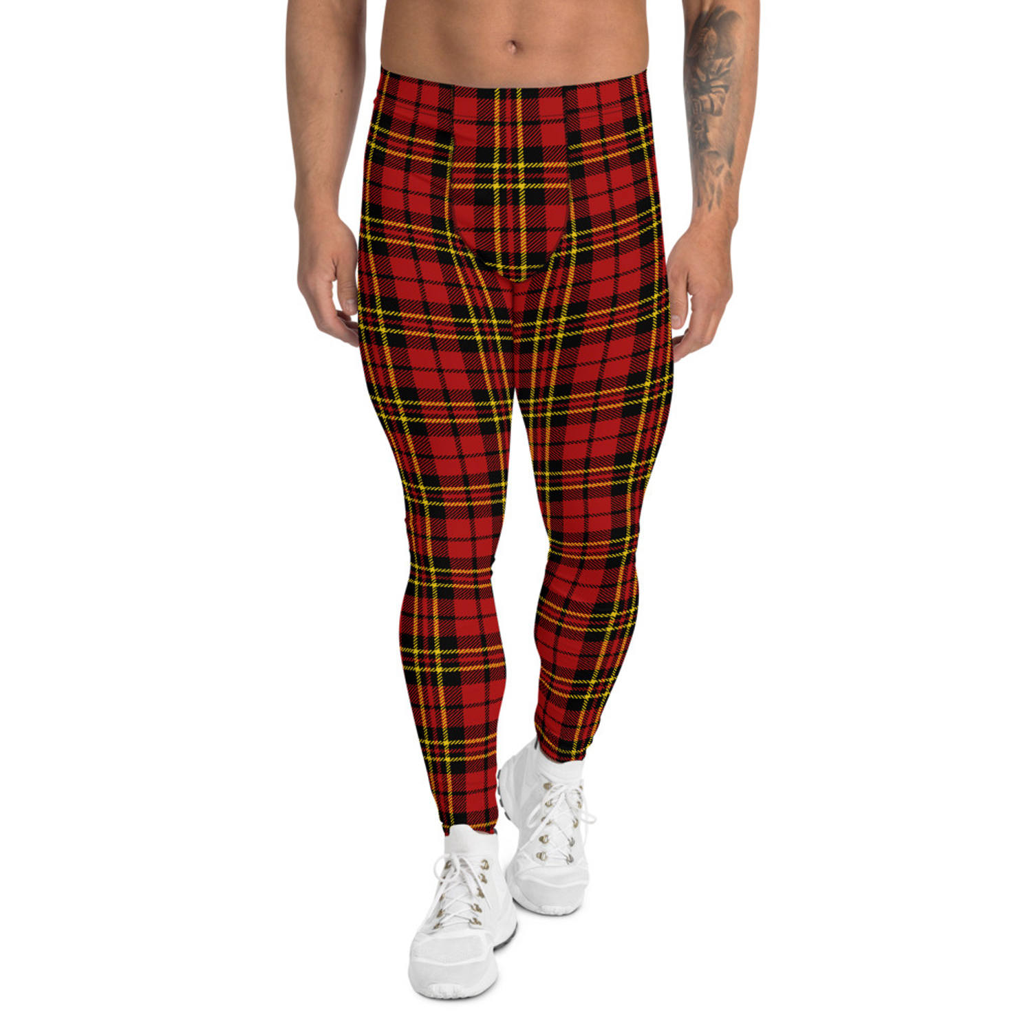 Red plaid tartan leggings for men, showcasing a stylish design and high-performance fabric blend.