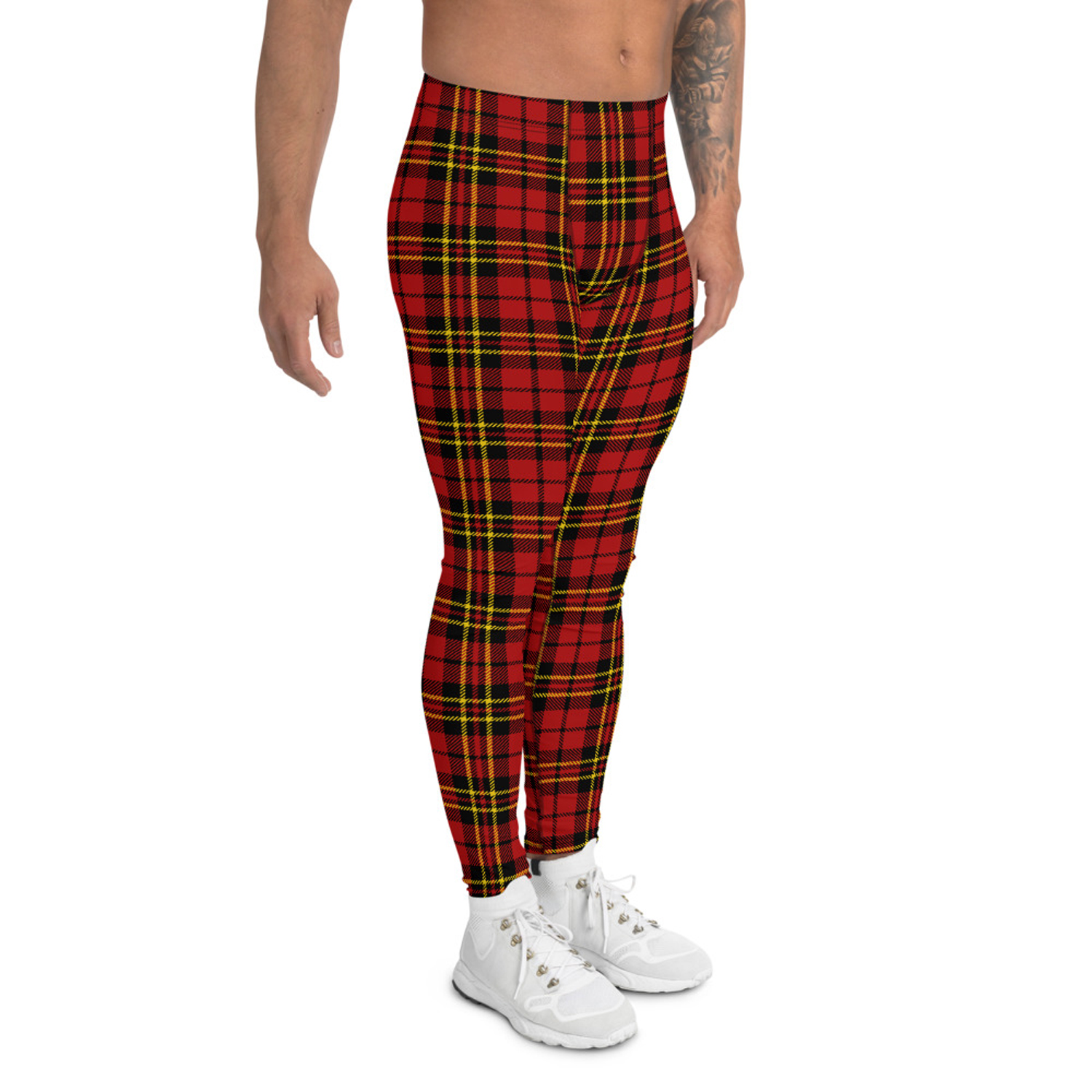 Red plaid tartan leggings for men, showcasing a stylish design and high-performance fabric blend.