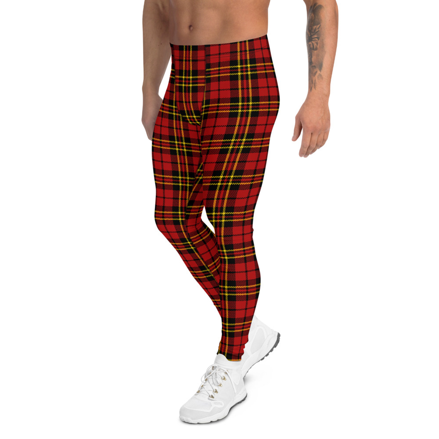 Red plaid tartan leggings for men, showcasing a stylish design and high-performance fabric blend.