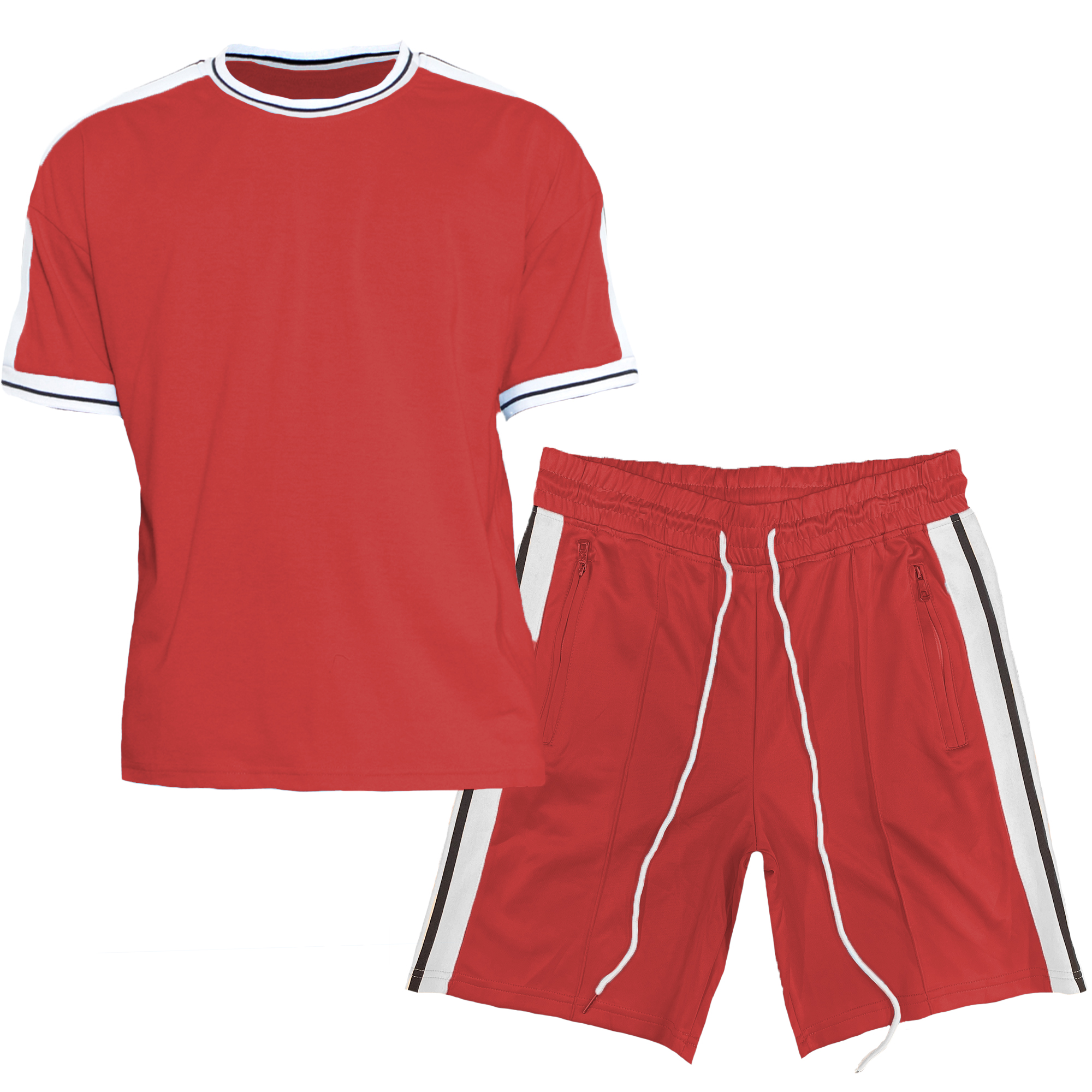 A stylish matching t-shirt and shorts set featuring striped tape along the sleeves and shorts, perfect for casual wear.