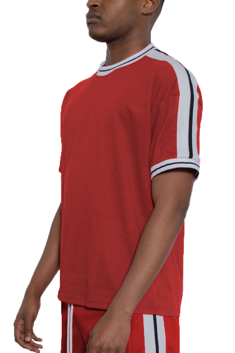 A stylish matching t-shirt and shorts set featuring striped tape along the sleeves and shorts, perfect for casual wear.