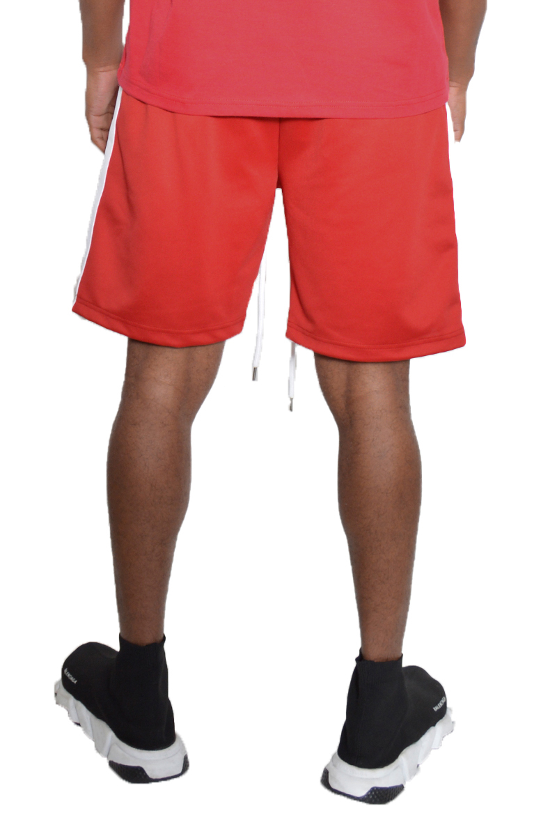 A stylish matching t-shirt and shorts set featuring striped tape along the sleeves and shorts, perfect for casual wear.